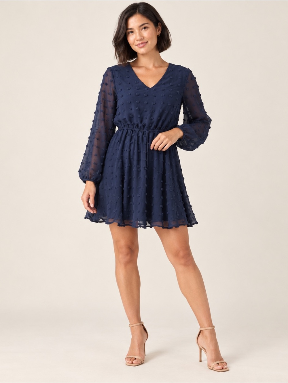 KIRUNDO Navy Swiss Dot Long Sleeve Mini Dress S